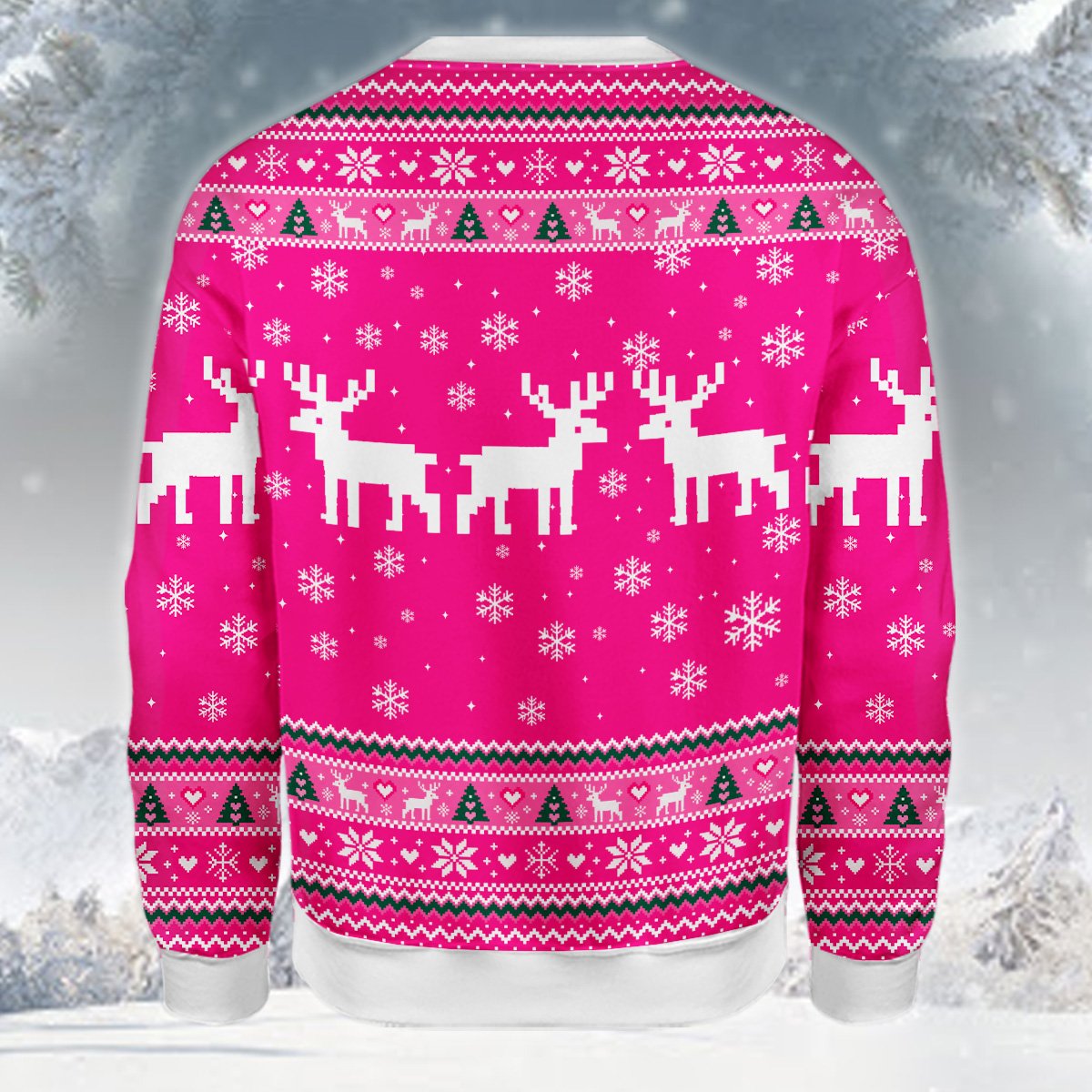 Alternate back view of the pink skeleton holiday sweater