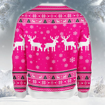 Alternate back view of the pink skeleton holiday sweater