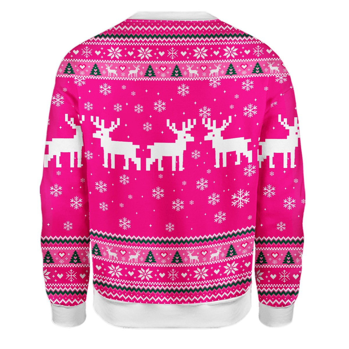 Detailed back view of the pink christmas ugly sweater