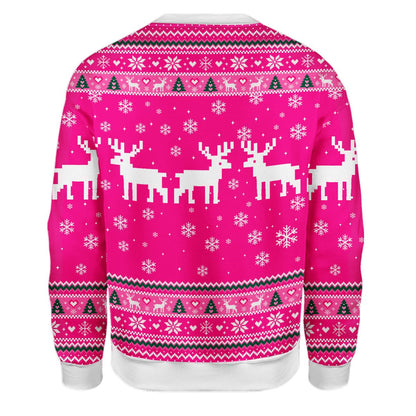 Detailed back view of the pink christmas ugly sweater