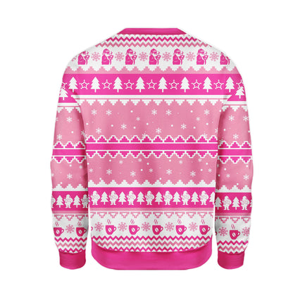 Back view of the pink and white holiday ugly sweater