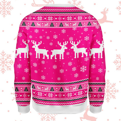 Back view of the hot pink ugly sweater