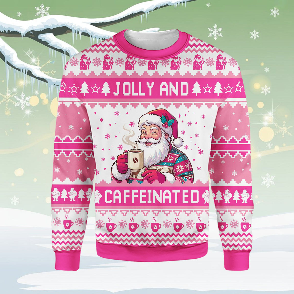 Adult pink christmas ugly sweater with holiday patterns, alternate front view