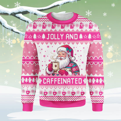 Adult pink christmas ugly sweater with holiday patterns, alternate front view