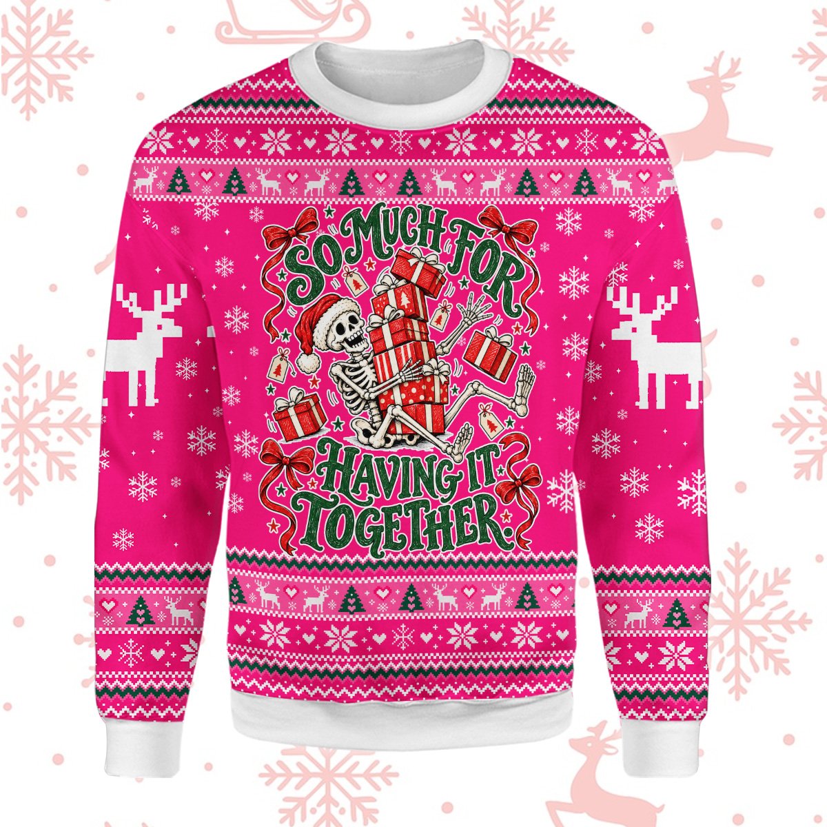 Close-up front view of the pink christmas ugly sweater showing snowflakes and reindeer patterns