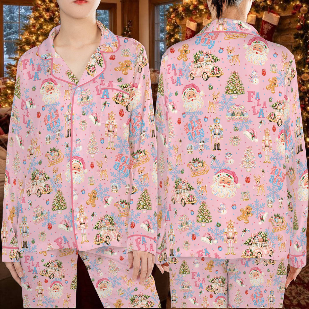 Pink holiday ugly sweater with vintage Christmas illustrations, front view