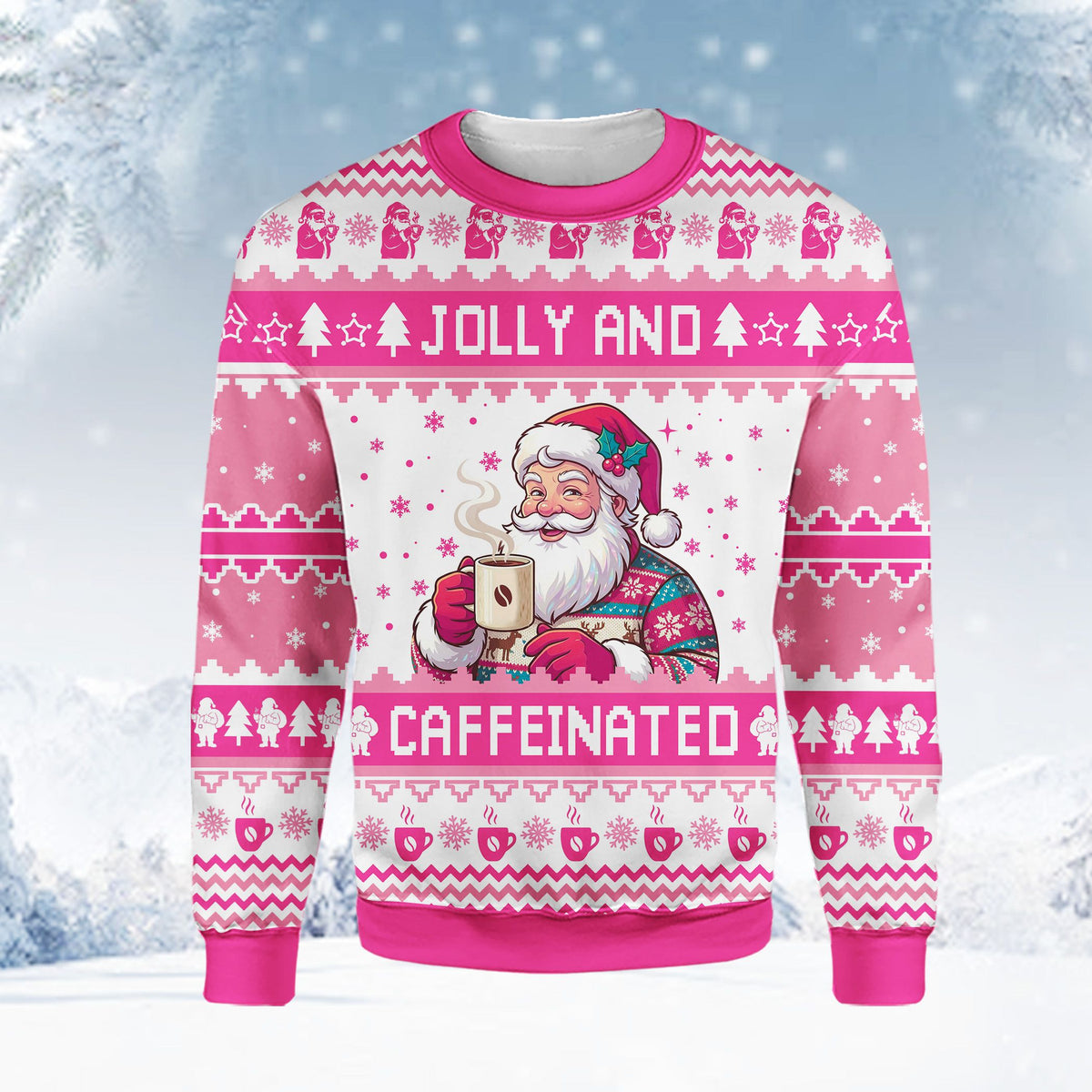 Jolly and caffeinated Santa sweater in pink and white, front detail view