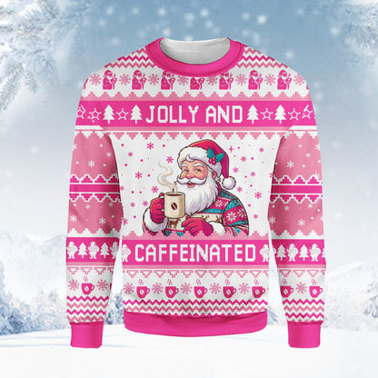 Jolly and caffeinated Santa sweater in pink and white, front detail view