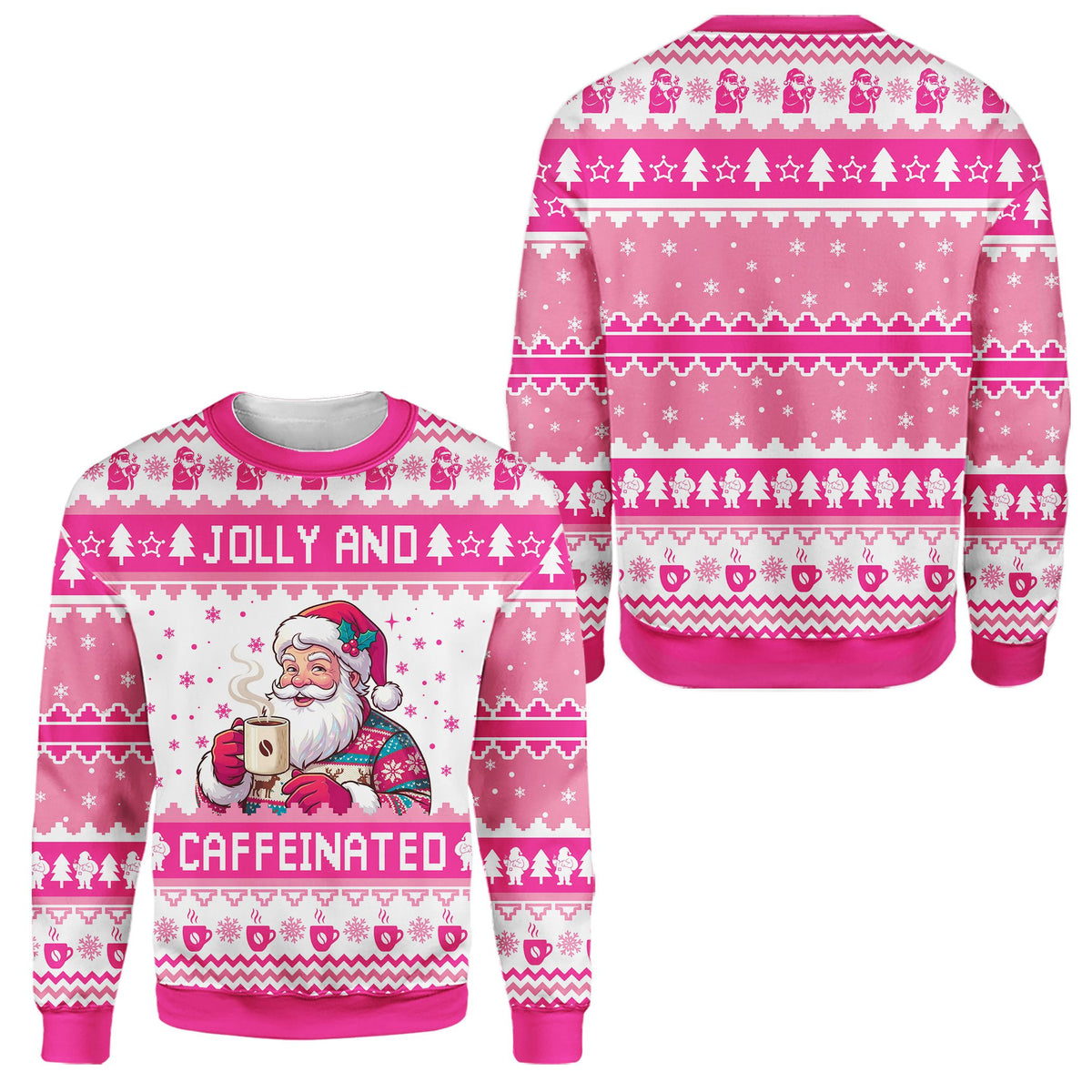 Pink ugly sweater christmas design with coffee cups and trees, front view