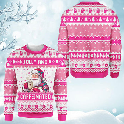 Festive pink and white ugly sweater for coffee lovers, front close up