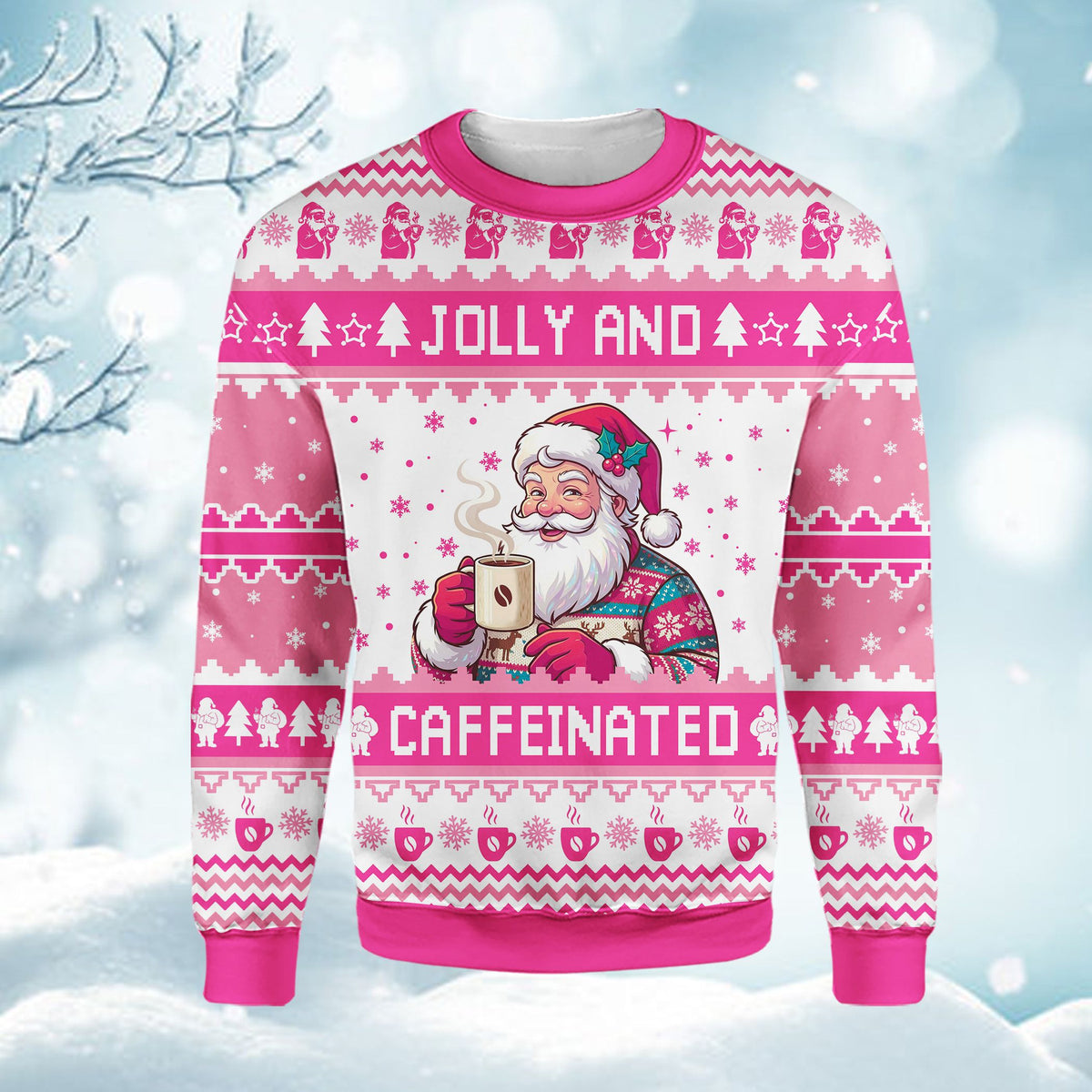 Pink and white holiday ugly sweater featuring Santa with coffee, front view
