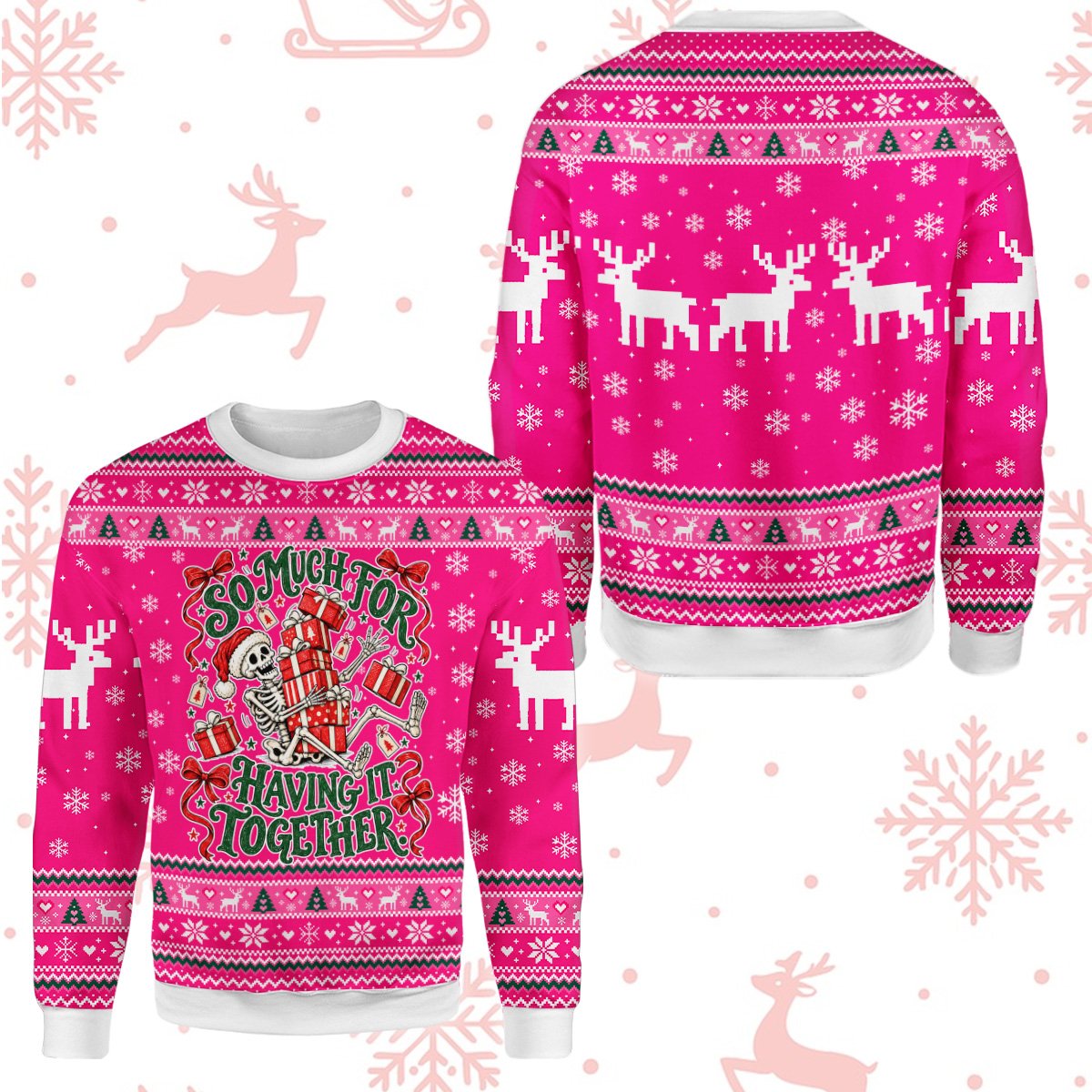 Front view of the hot pink holiday ugly sweater featuring a skeleton and gifts