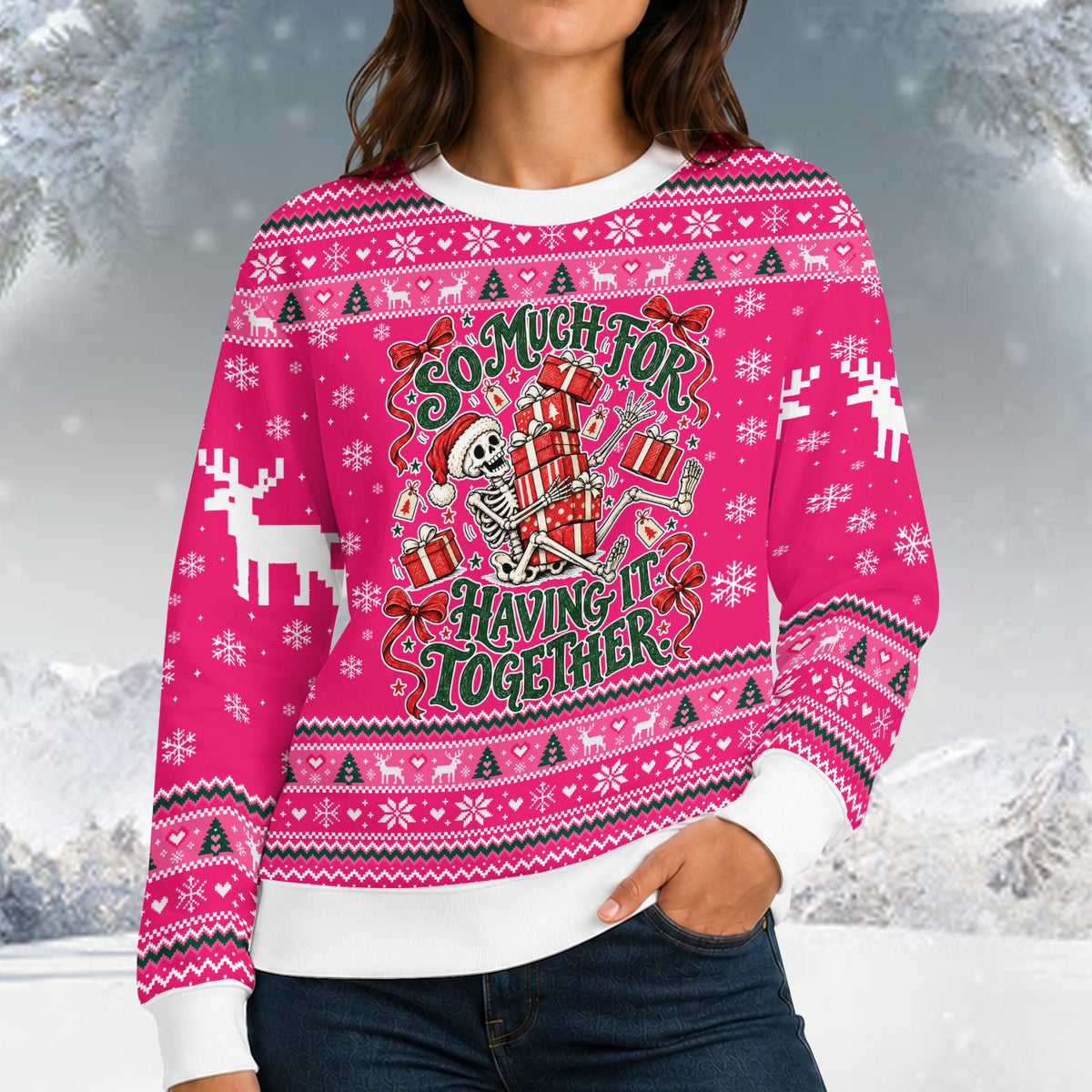 Another lifestyle view showing the holiday ugly sweater in a festive setting