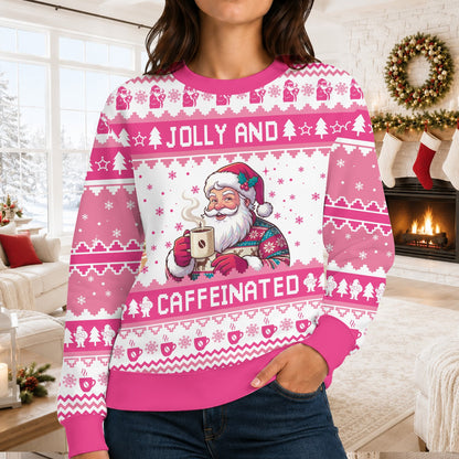 Lifestyle view of someone wearing the ugly christmas sweater pink edition