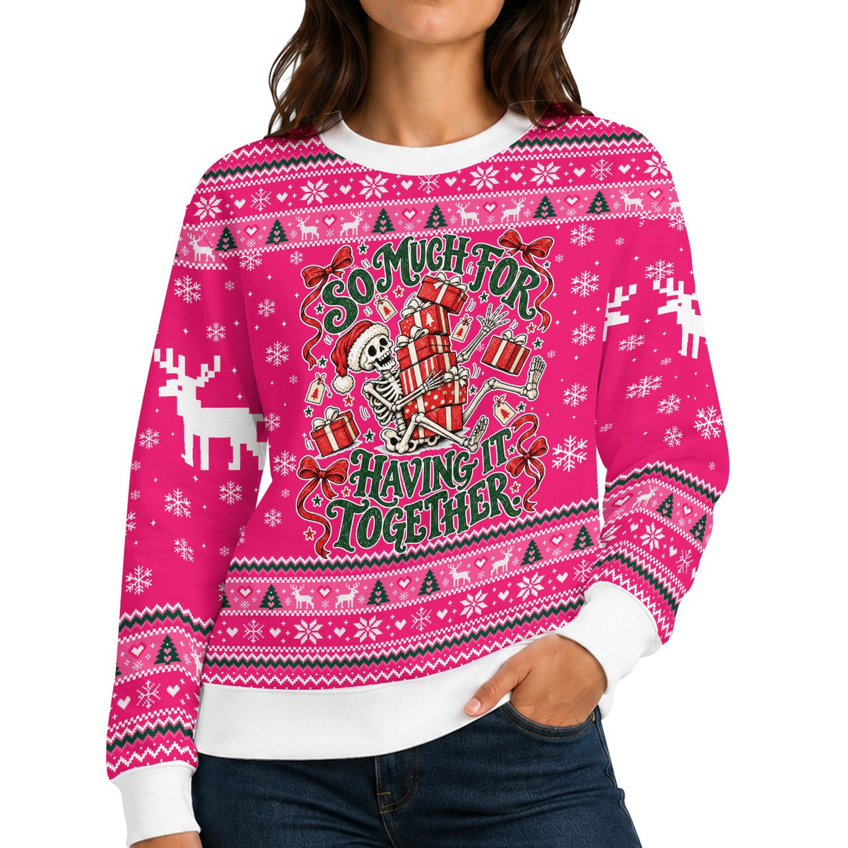 Lifestyle view of someone wearing the hot pink christmas ugly sweater