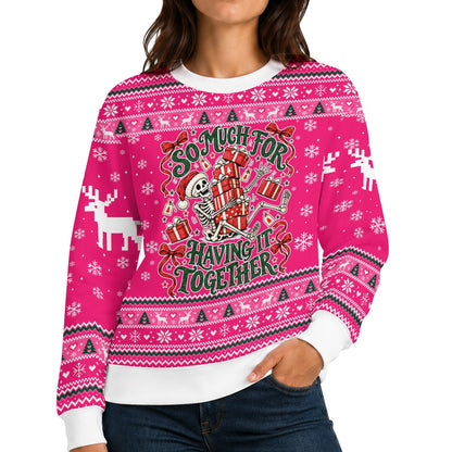 Lifestyle view of someone wearing the hot pink christmas ugly sweater