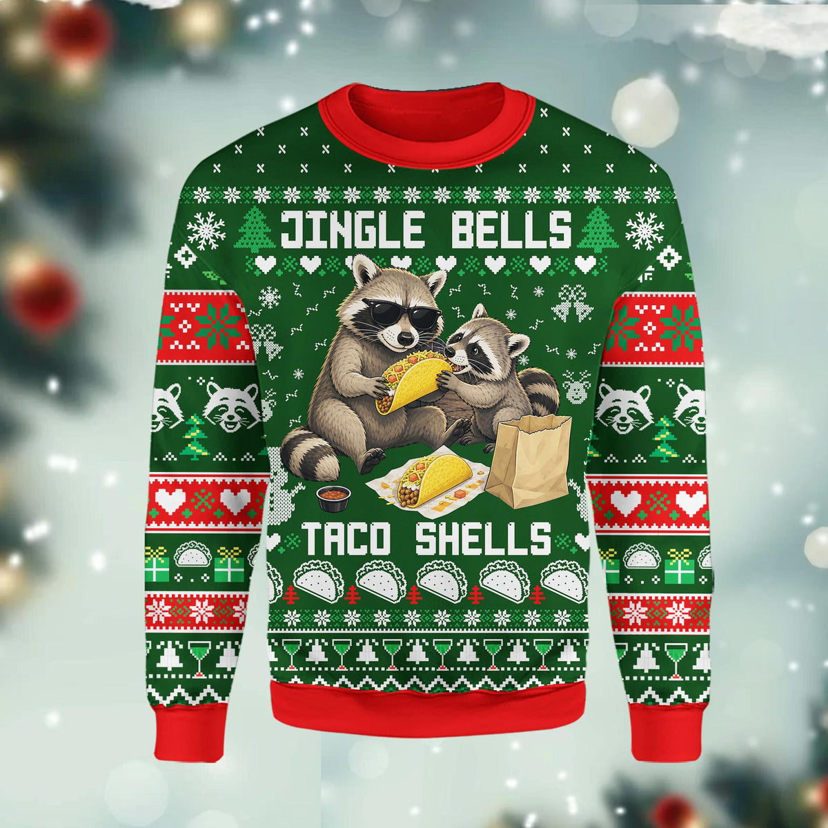Close up front view of raccoon ugly christmas sweater