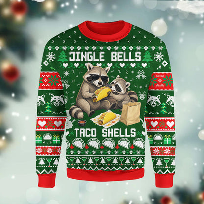 Close up front view of raccoon ugly christmas sweater
