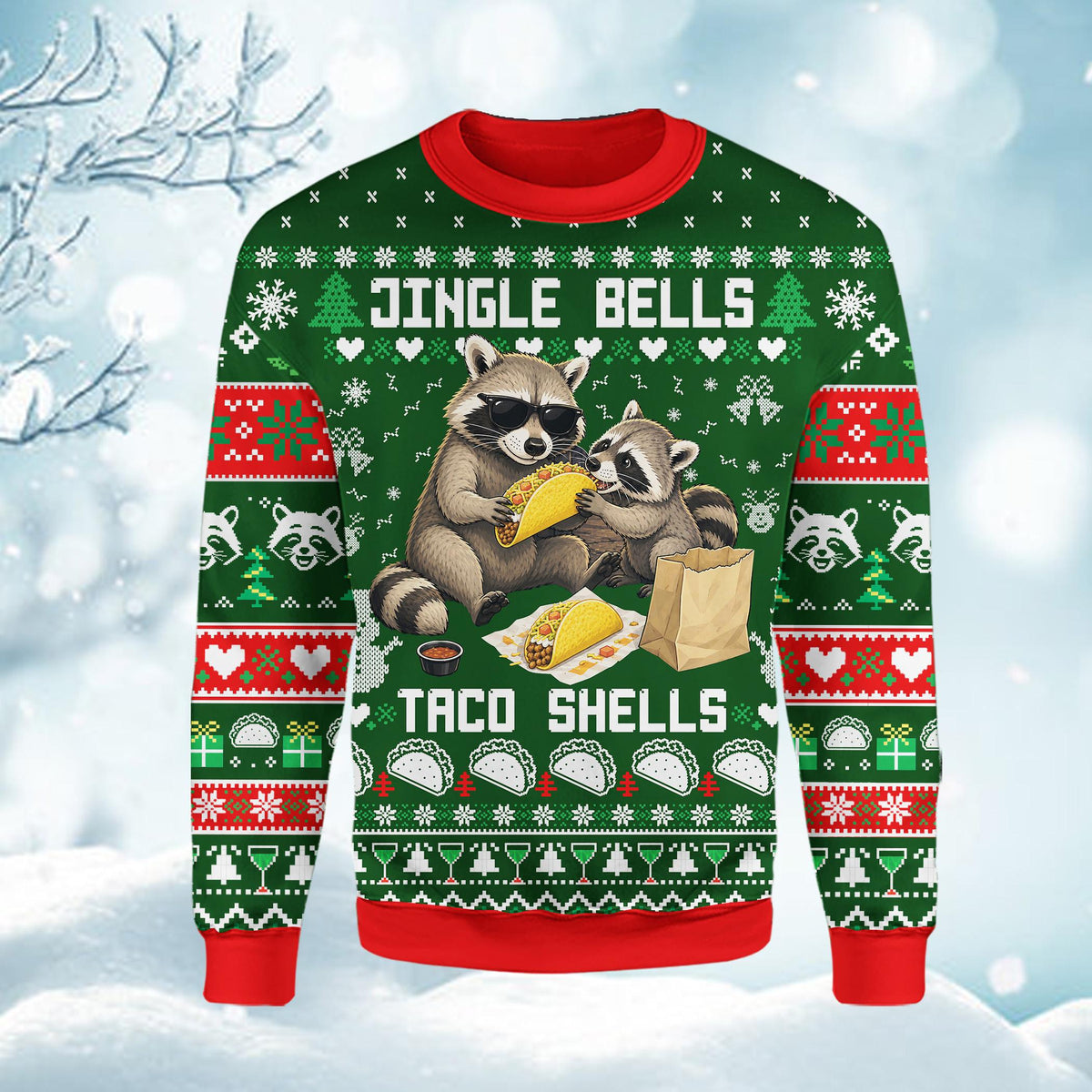 Raccoon ugly sweater with jingle bells taco shells text, main view alternative