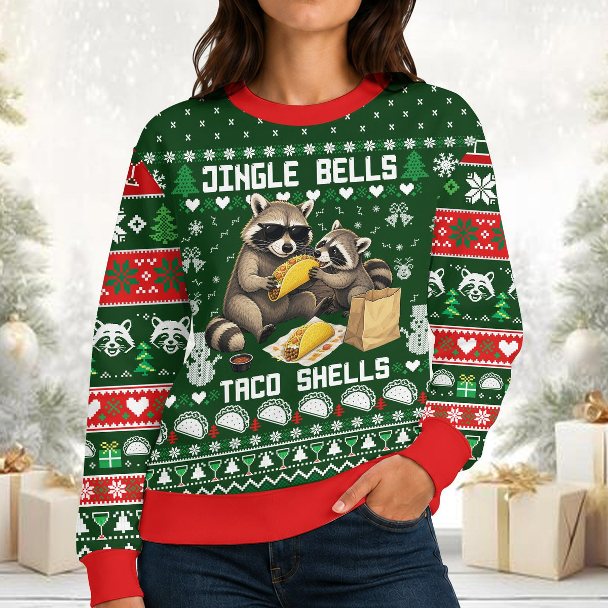 Lifestyle view of adult wearing raccoon ugly sweater