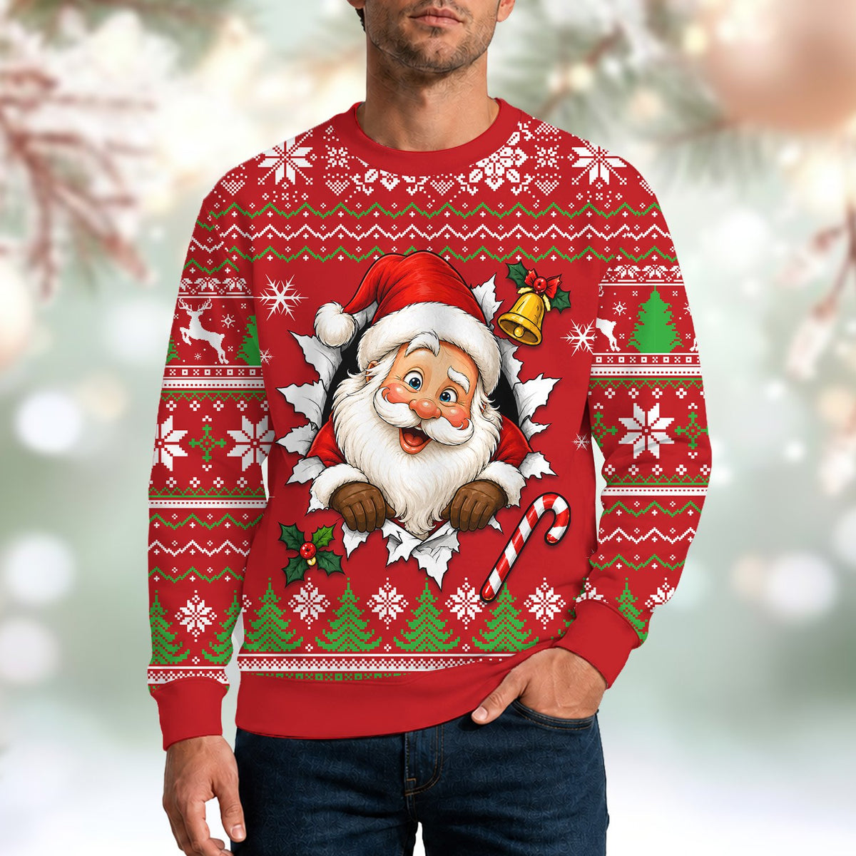 Detailed back view of the 3D Santa illusion ugly holiday sweater