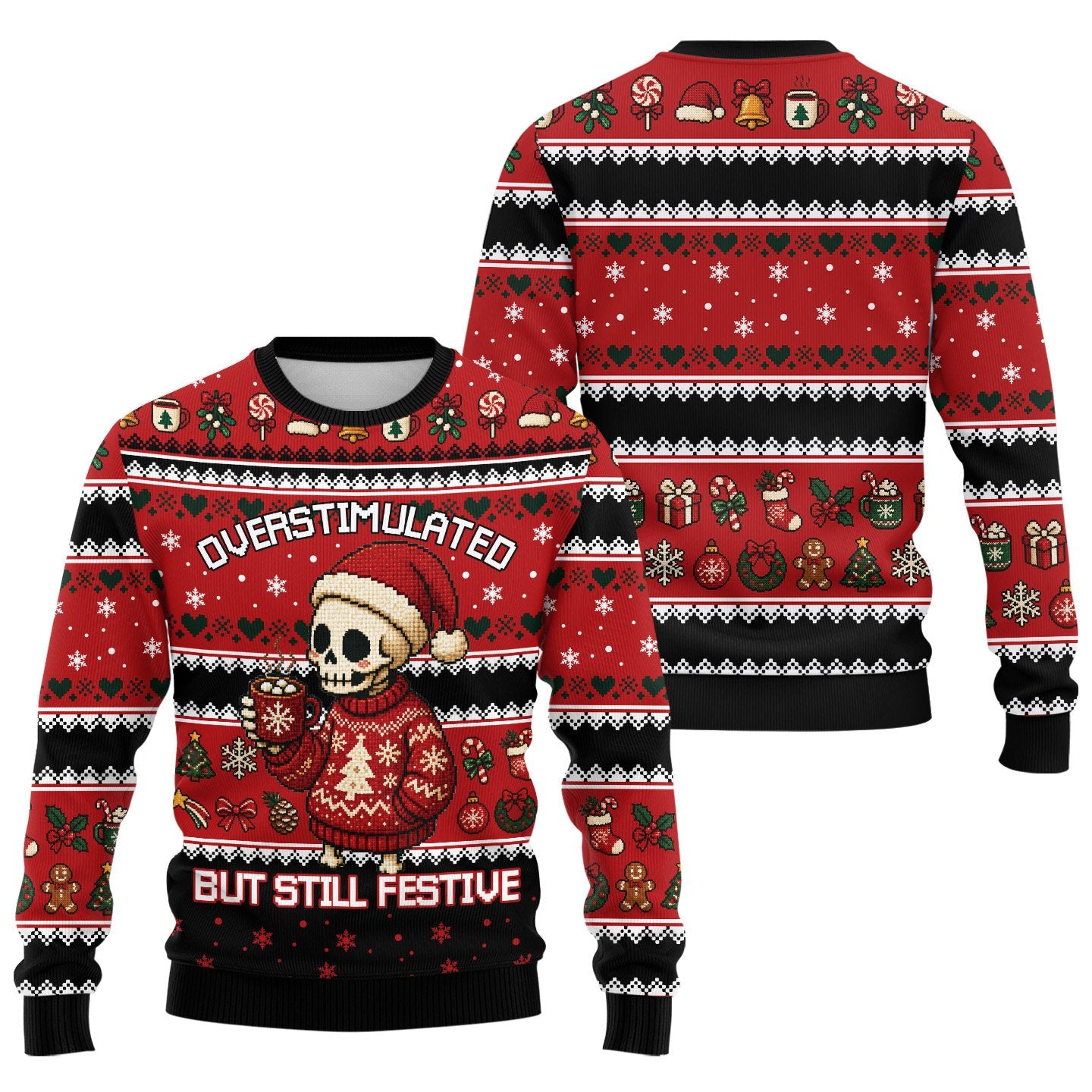 Close up front view of the overstimulated skeleton holiday ugly sweater