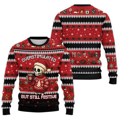 Close up front view of the overstimulated skeleton holiday ugly sweater