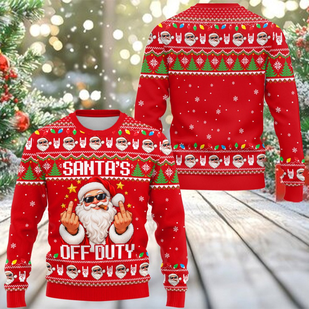 Detailed front view of the Santa's Off Duty ugly holiday sweater