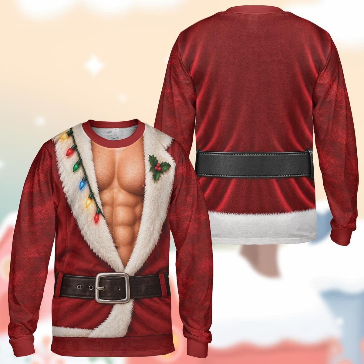 Red fake open jacket christmas ugly sweater showing muscular chest, front view