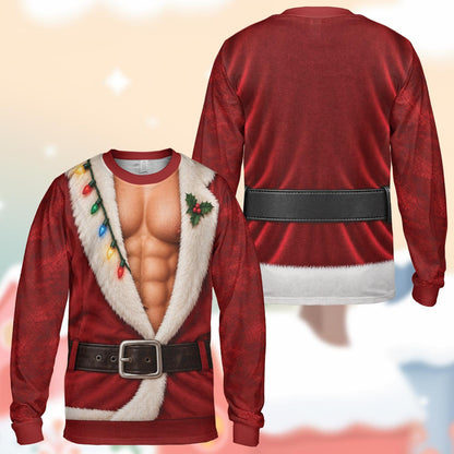 Red fake open jacket christmas ugly sweater showing muscular chest, front view