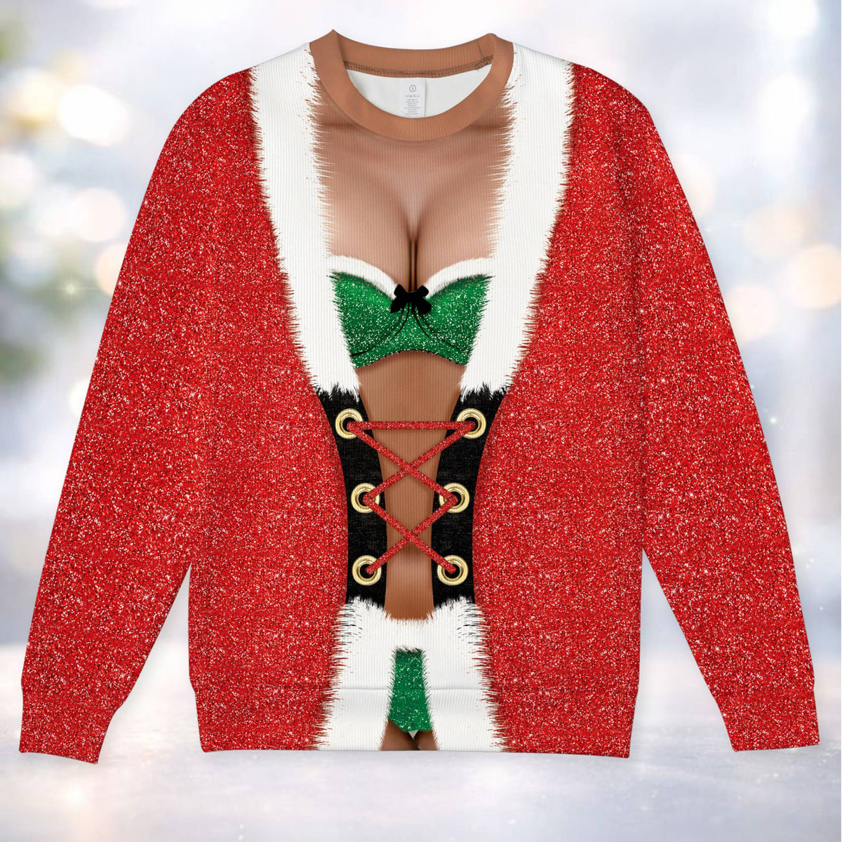 Detailed front view of the unique trompe l'oeil ugly holiday sweater