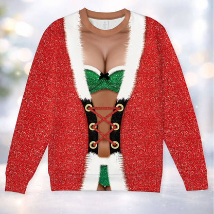 Detailed front view of the unique trompe l'oeil ugly holiday sweater