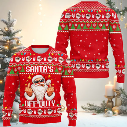 Close-up of the pixelated text and fair isle pattern on the red sweater