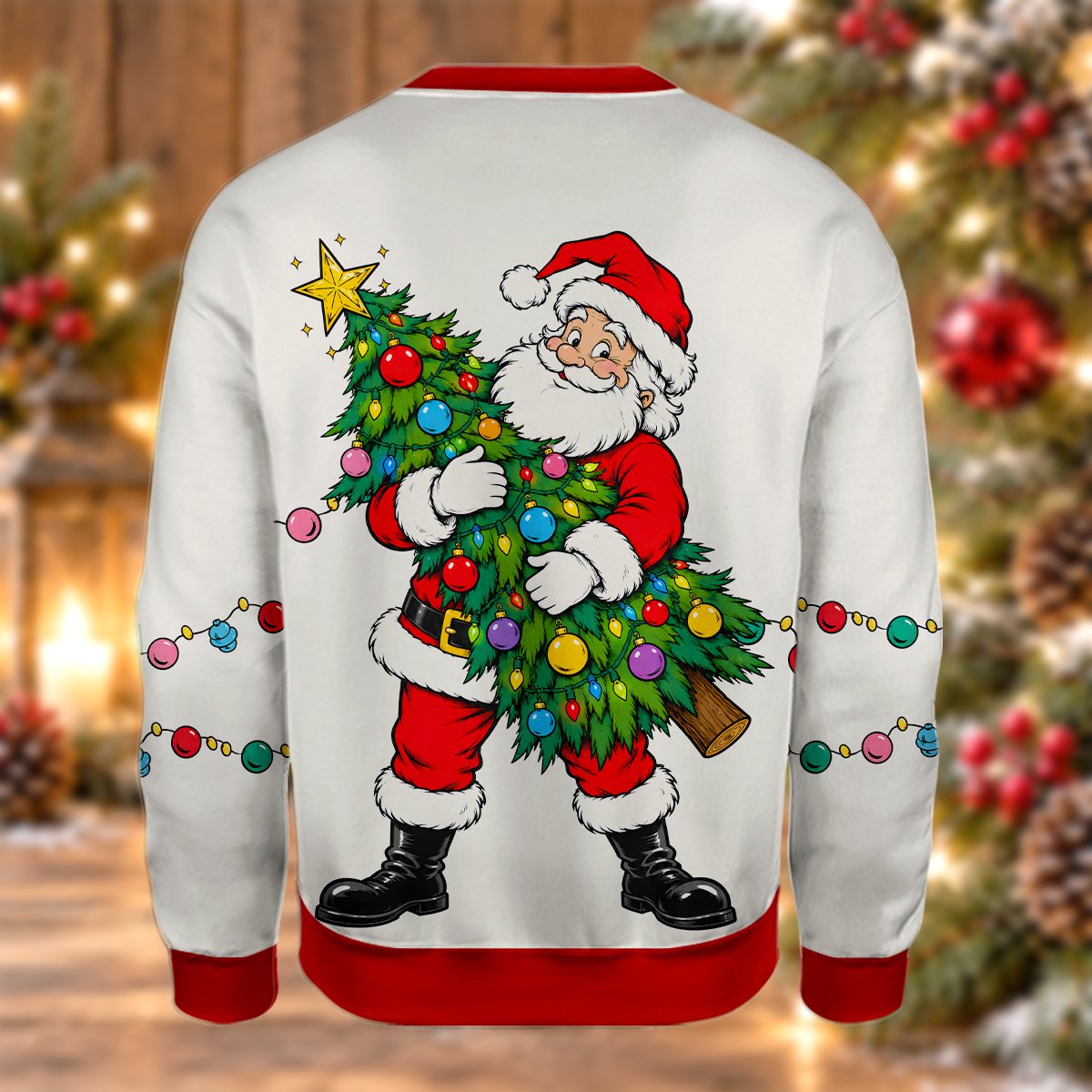 Detailed front view of the white holiday sweater
