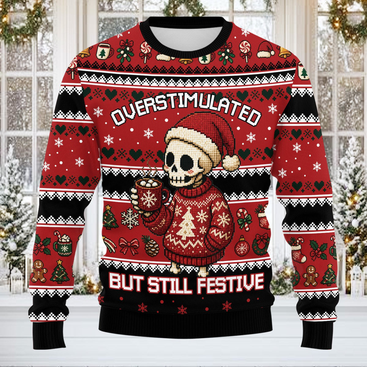 Detailed front view of the ugly holiday sweater pixelated knit pattern