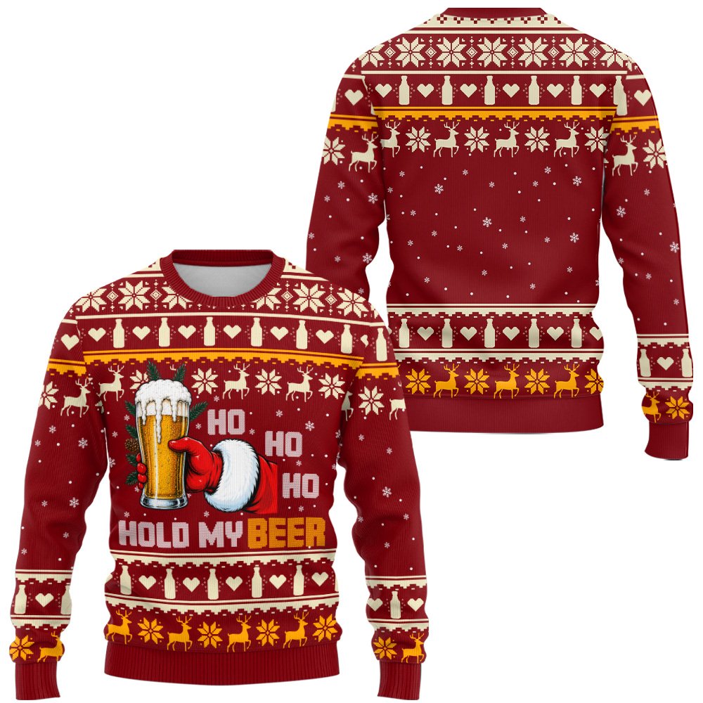 Ugly christmas sweater red deer featuring Santa holding a beer, front view