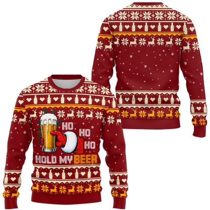 Ugly christmas sweater red deer featuring Santa holding a beer, front view
