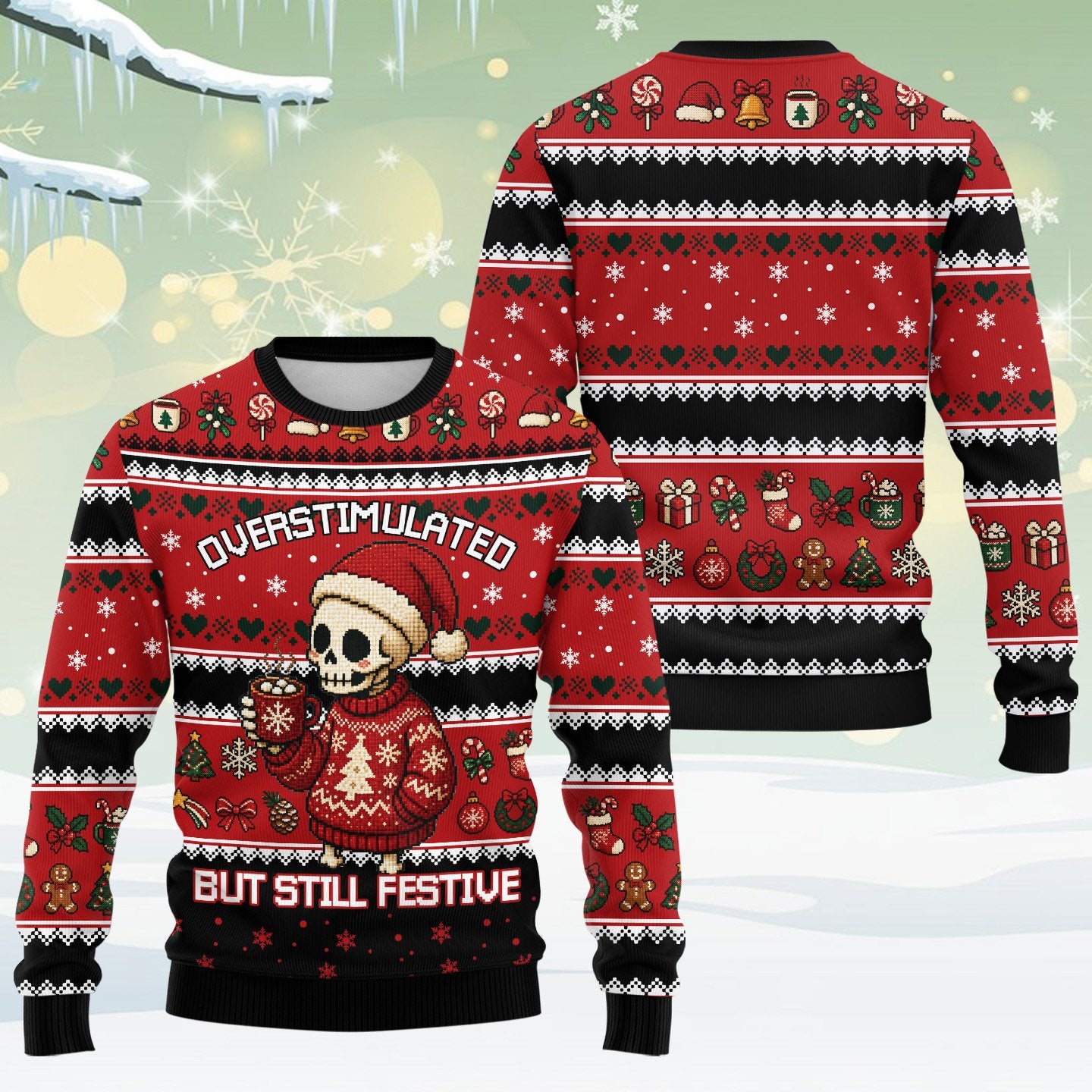 Red ugly christmas sweater with overstimulated skeleton design, main view