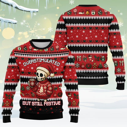 Red ugly christmas sweater with overstimulated skeleton design, main view