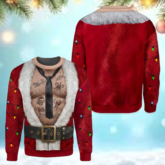 Red and green ugly christmas sweater featuring hairy chest Santa suit design, main view