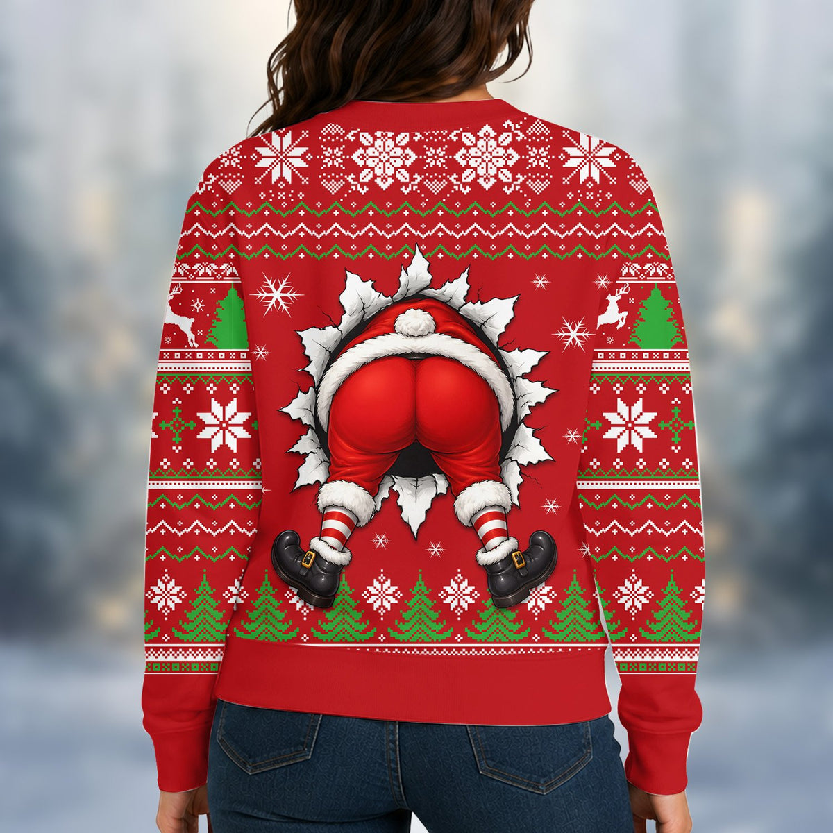 Mens red ugly christmas sweater featuring Santa breaking through, main view