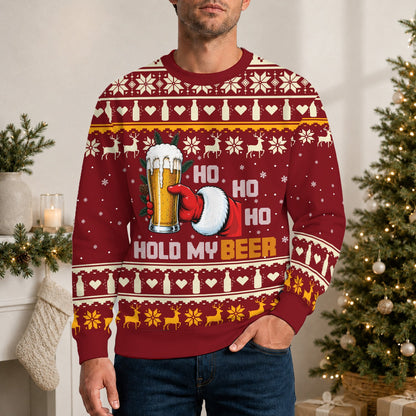 Another lifestyle view of the red holiday ugly sweater