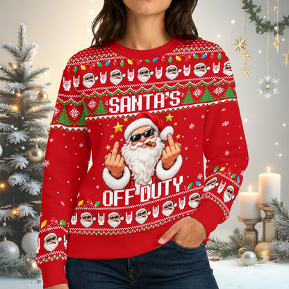 Second lifestyle shot featuring the Santa's Off Duty sweater
