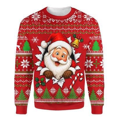 Lifestyle view of the red ugly christmas sweater with Santa design