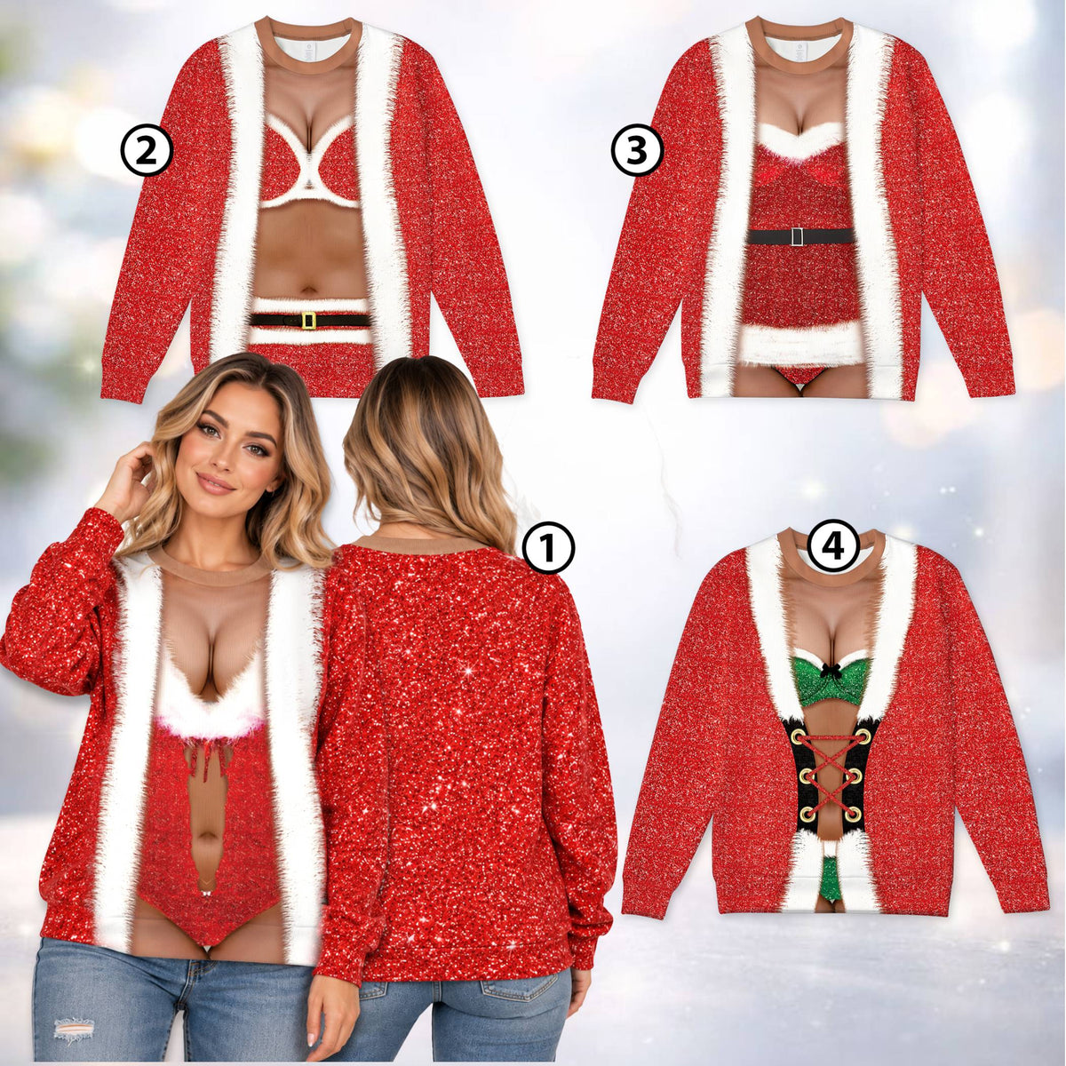 Lifestyle view of an adult wearing the red ugly Christmas sweater at a holiday party
