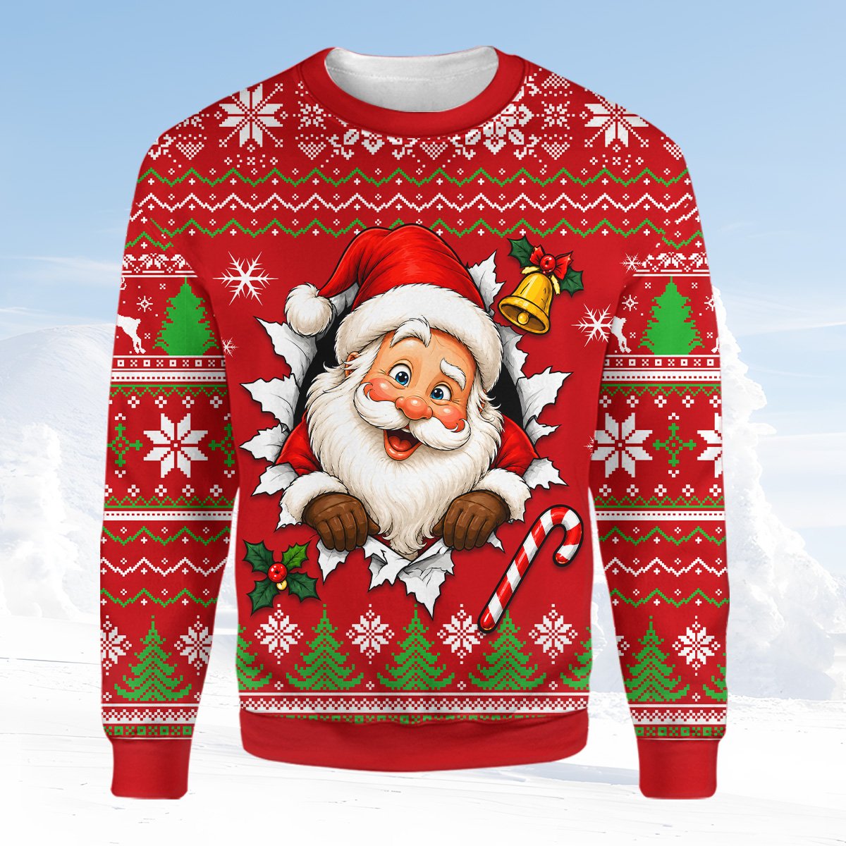 Man wearing the festive holiday ugly sweater outdoors