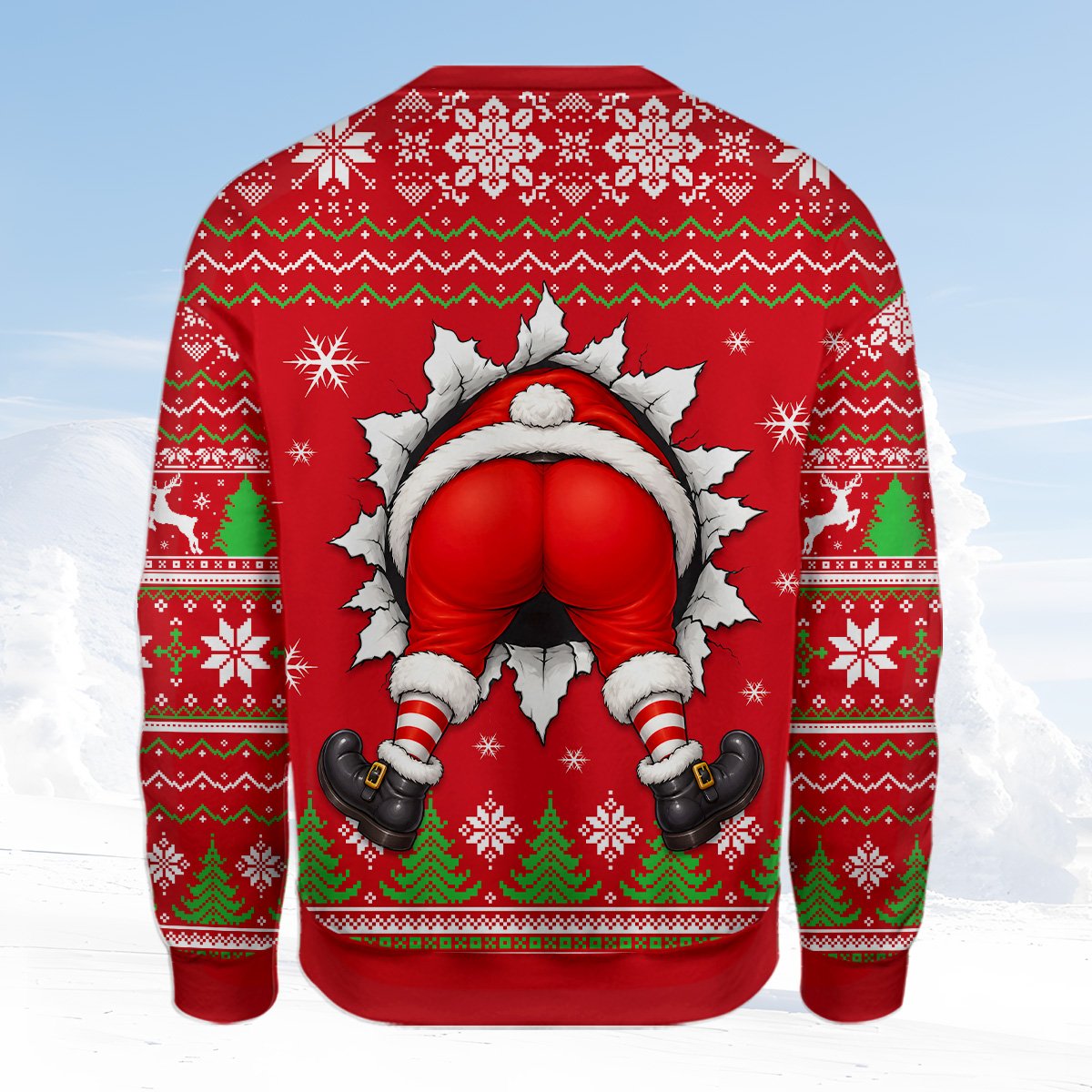 Another lifestyle shot of the 3D Santa ugly holiday sweater