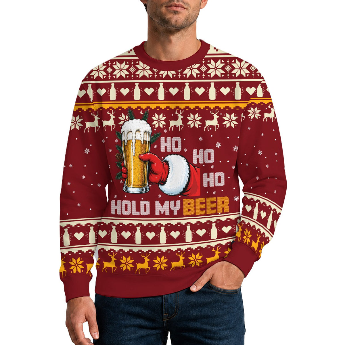 Lifestyle view of a person wearing the ugly christmas sweater red deer
