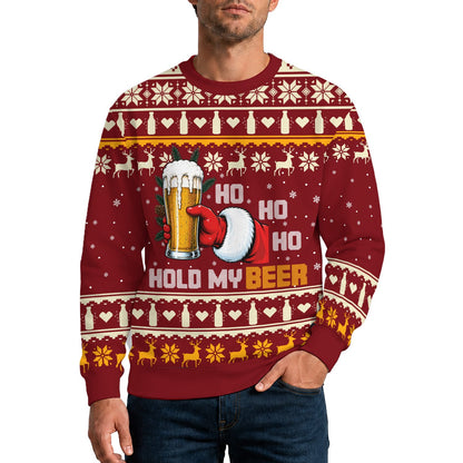 Lifestyle view of a person wearing the ugly christmas sweater red deer