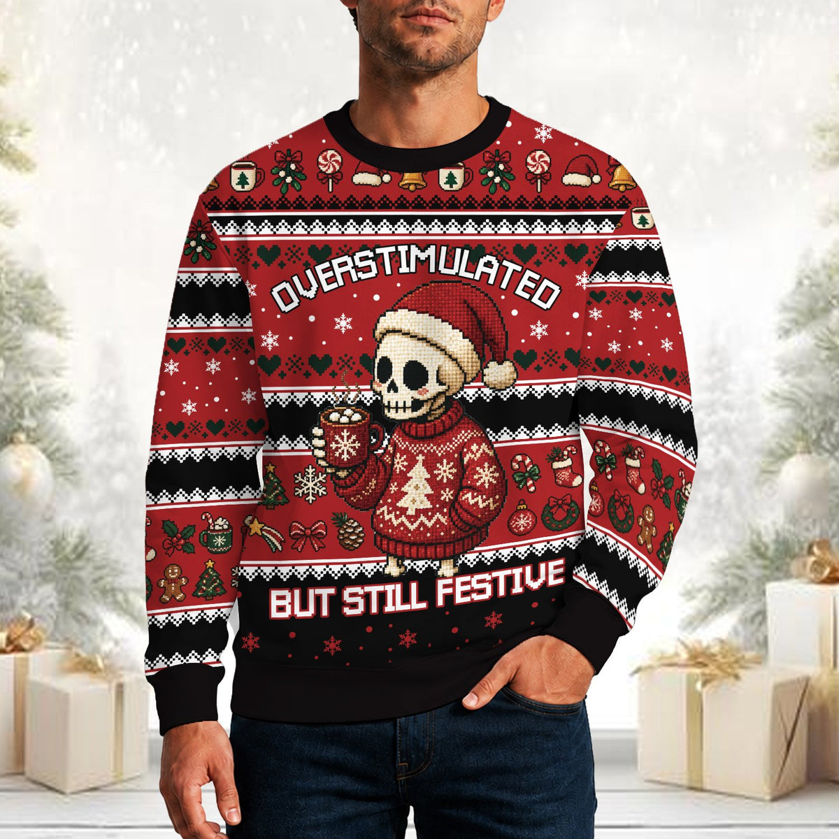 Lifestyle view of someone wearing the red ugly christmas sweater
